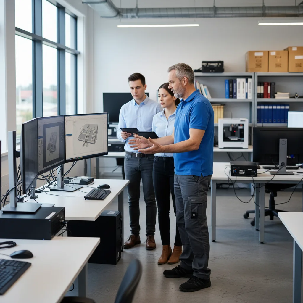Workshop manager at BIM station with technical monitors