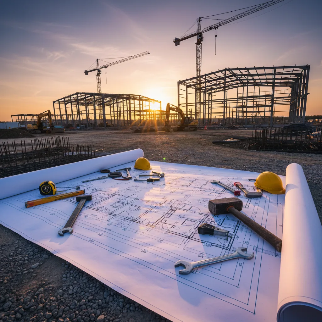 Industrial construction site showing mix of blueprint and in-progress steel structure.