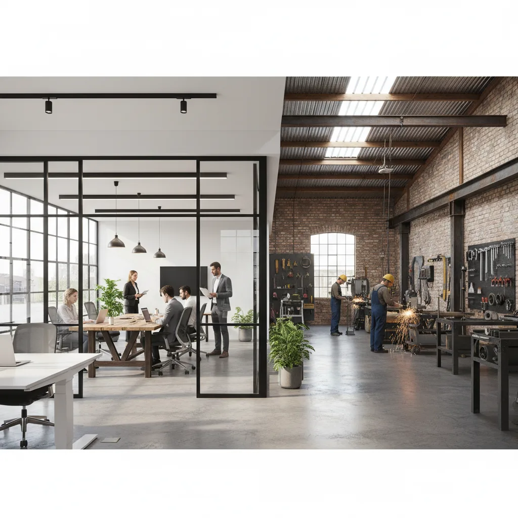 Modern industrial office with glass walls and blueprint tables